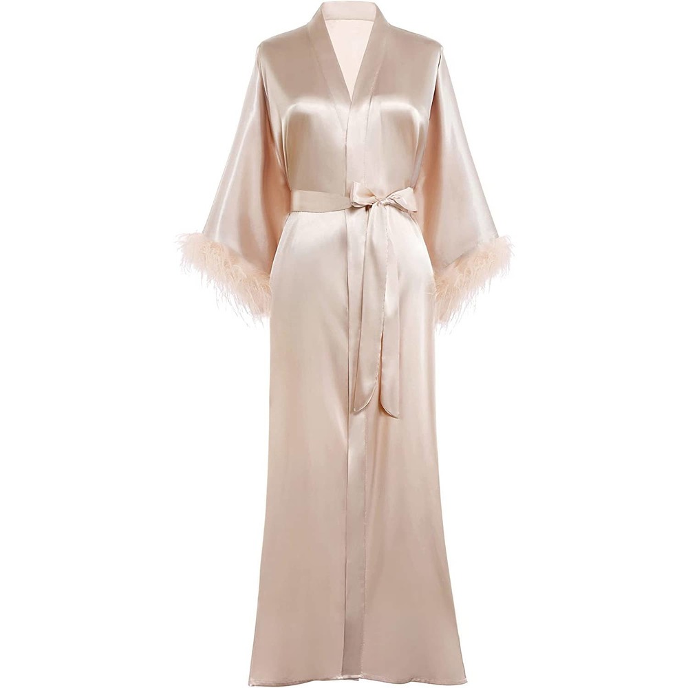 PRODESIGN Satin Kimono Robe Long Bath Robe with Ostrich Feather Trim Sleepwear